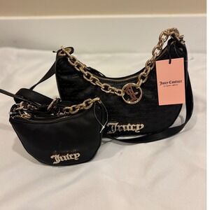 Juicy Couture Black Embossed Logo Chain Strap Hobo Bag‎ Purse Set 2 Piece